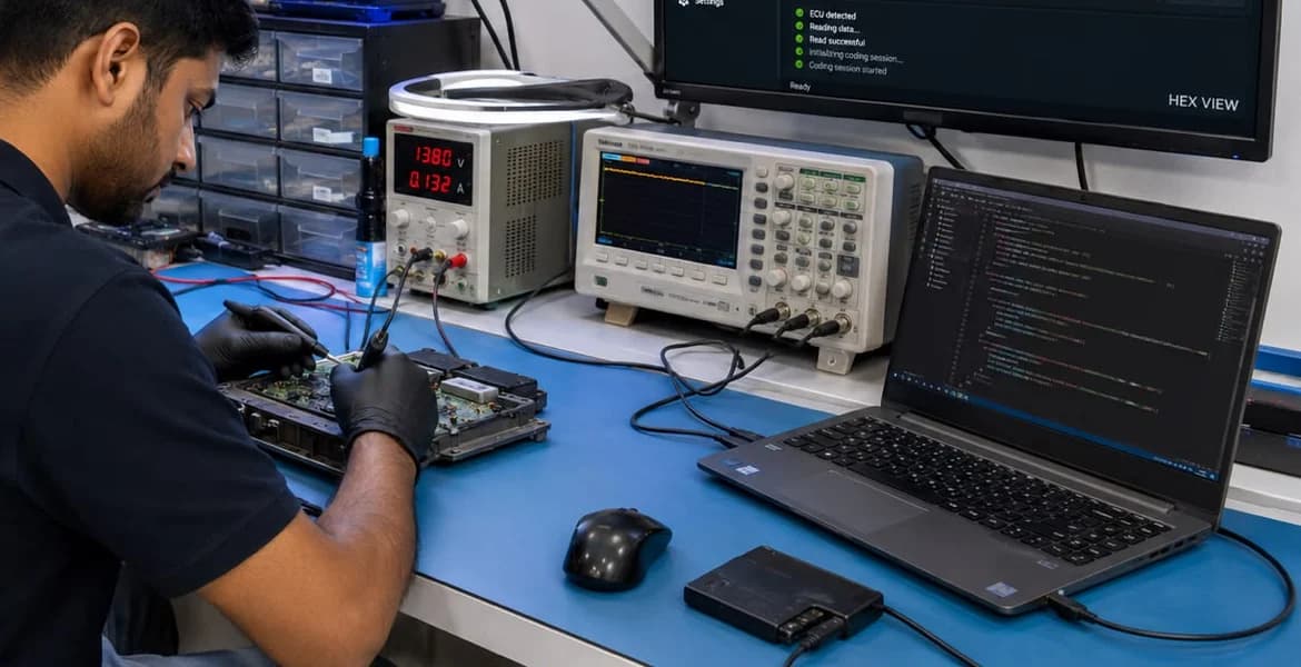 The ECU Labz bench: a control module under test alongside the instruments and coding station